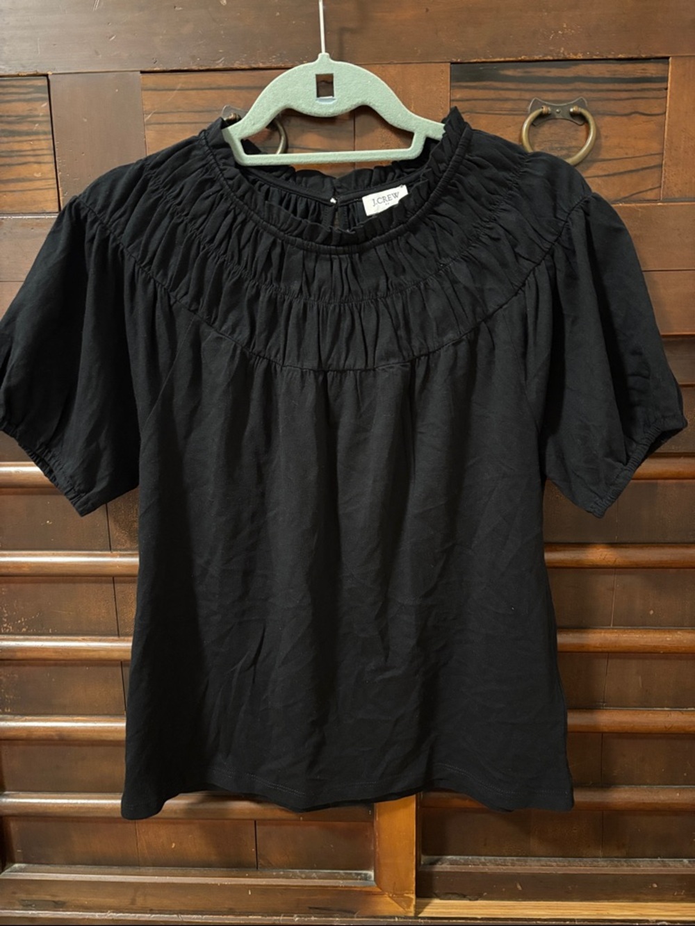 J. Crew Black Smocked Neck Short Sleeve Blouse